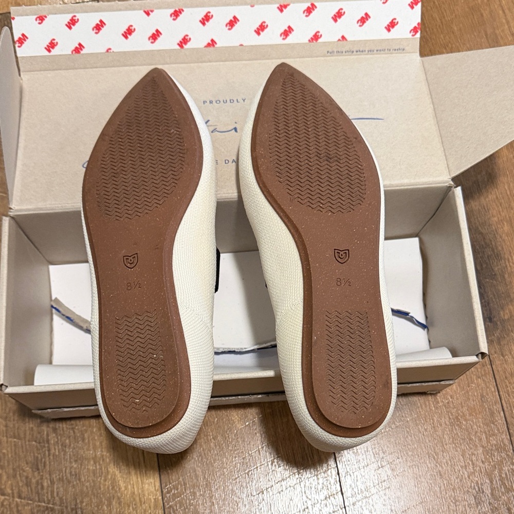 Rothy's Ivory Flats with Black Strap and Blue Lining - Picture 2 of 4